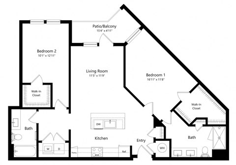 Floor plan for 2 beds, 2 baths, 1130 sqft